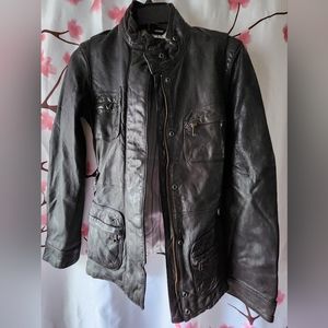 Gap Women's Black 100% Genuine Leather Belted Zipper Moto Jacket Coat Size XS